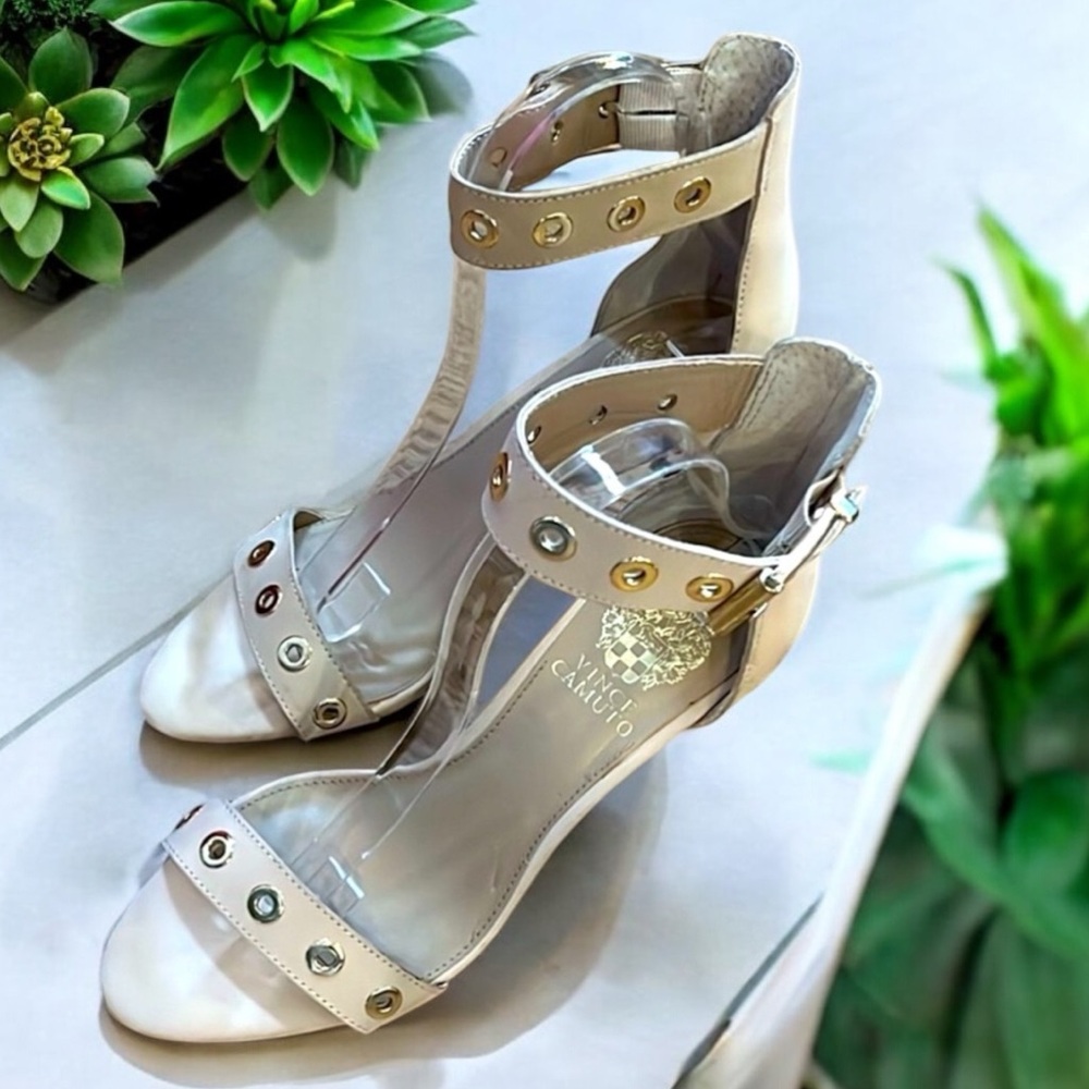 VINCE CAMUTO CALISA NUBUCK LEATHER ANKLE STRAP HEELED SANDALS NUDISH SIZE 8.5